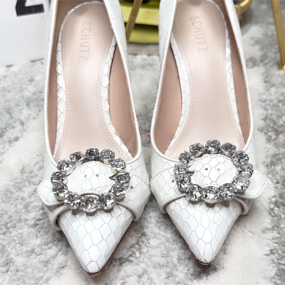 Schutz White Leather Rhinestone Heels - Picture 7 of 11